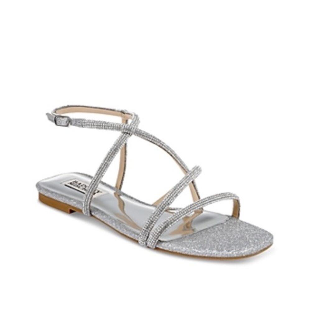 Badgley Mischka Women Ivie Embellished Strappy Flat Sandals Silver Size 10 NEW